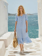100% Linen Ruffle-Trim Belted Midi Dress LIVARA