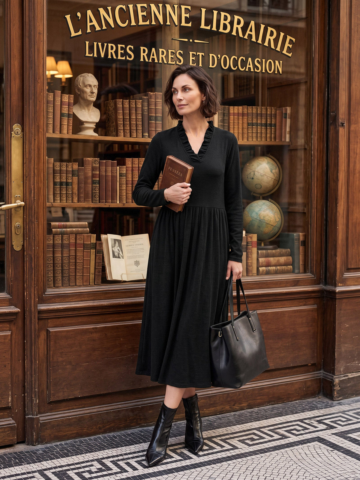Lyocell Ruffle V-Neck Gathered Waist Knit Midi Dress BRIELLE