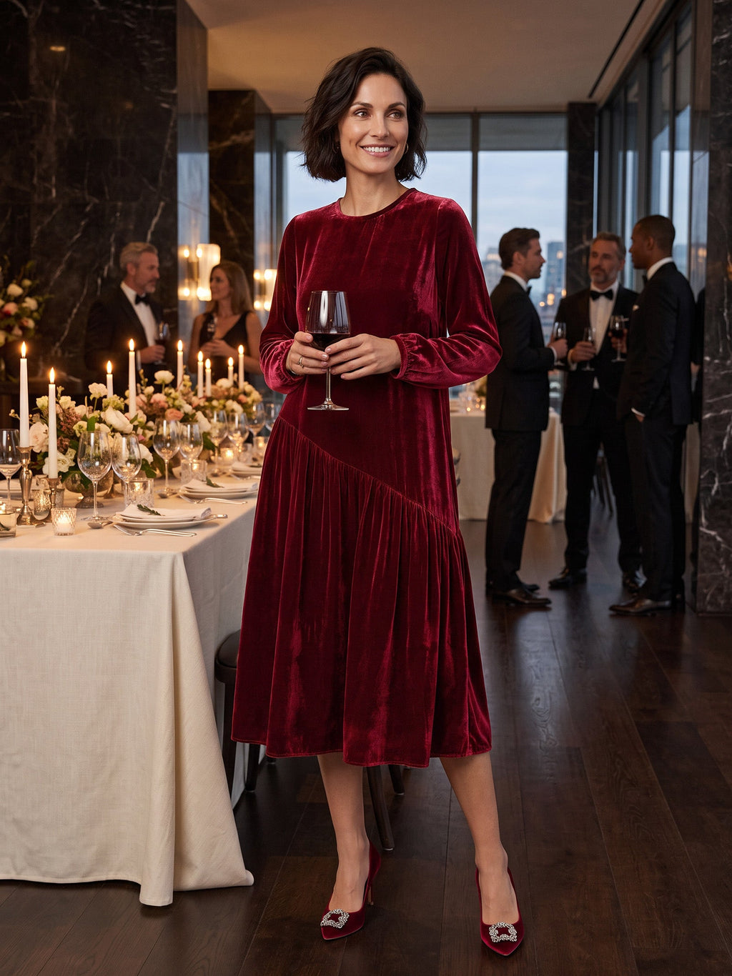 100% Silk Velvet Draped Pleat Relaxed Midi Dress ZELARA