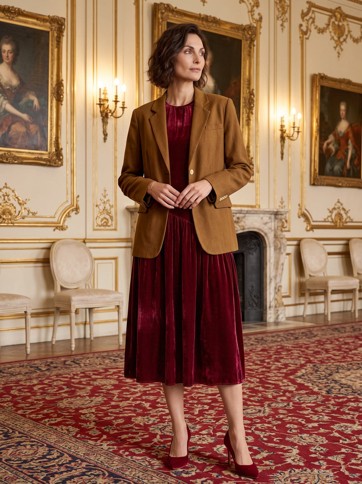 100% Silk Velvet Draped Pleat Relaxed Midi Dress ZELARA