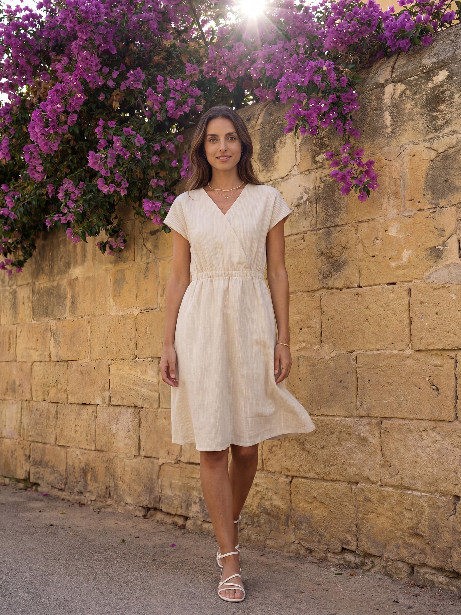 LINTICO 100% Linen Striped Elastic-Waist Midi Dress ARIA — color detail