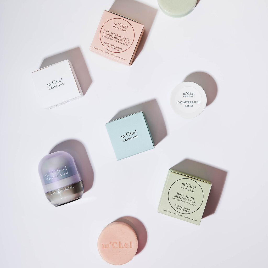 m'Chel Haircare Day After Brush + Refill + Bars Bundle — size reference