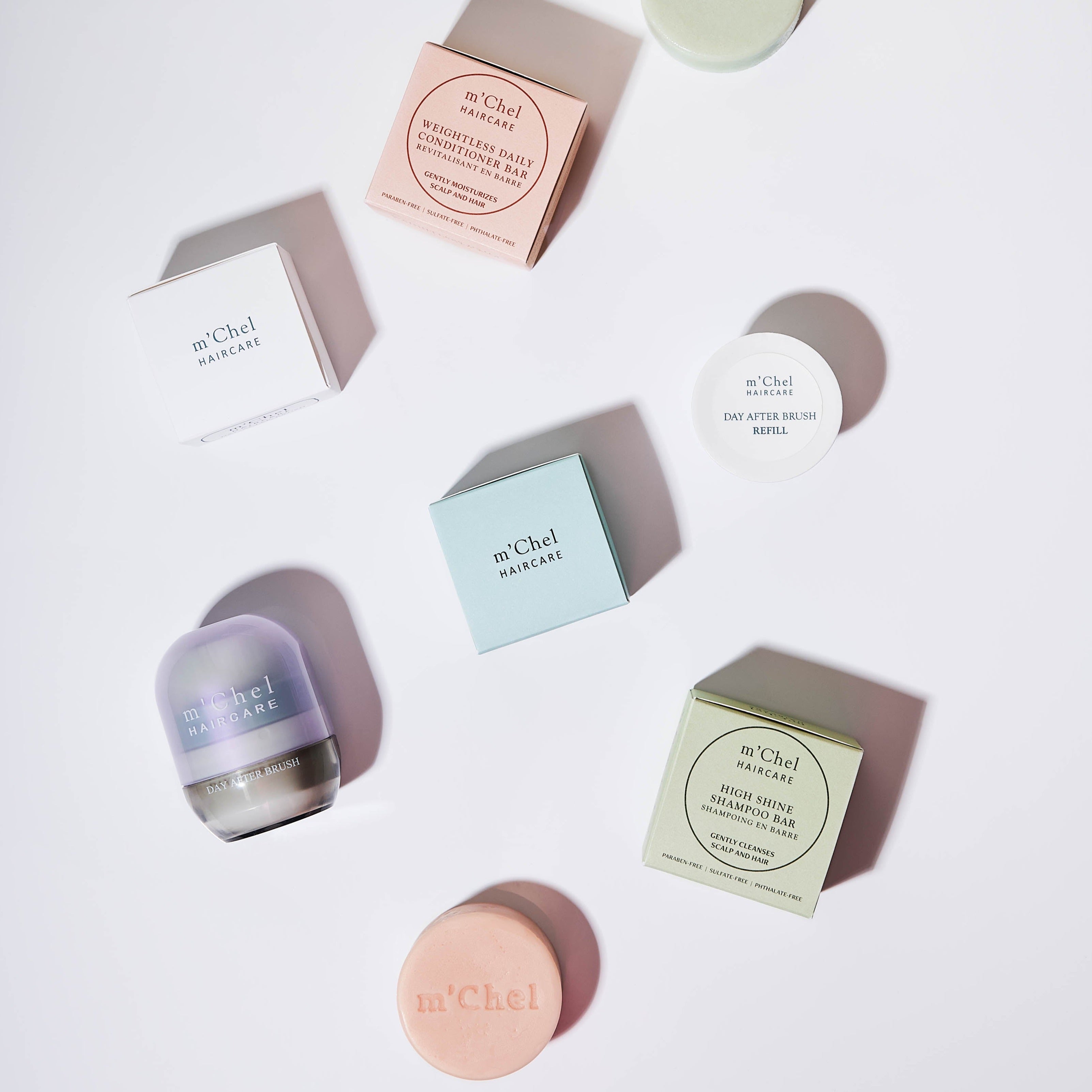m'Chel Haircare Day After Brush + Refill + Bars Bundle — size reference