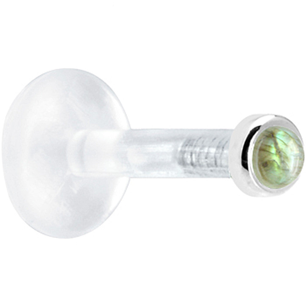 BodyCandy Solid 14K White Gold 2mm Genuine Labradorite Bioplast Push in Monroe — detail close-up