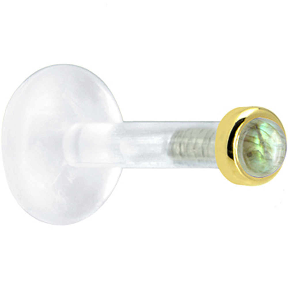 BodyCandy Solid 14K Yellow Gold 2mm Genuine Labradorite Bioplast Push in Monroe — detail close-up