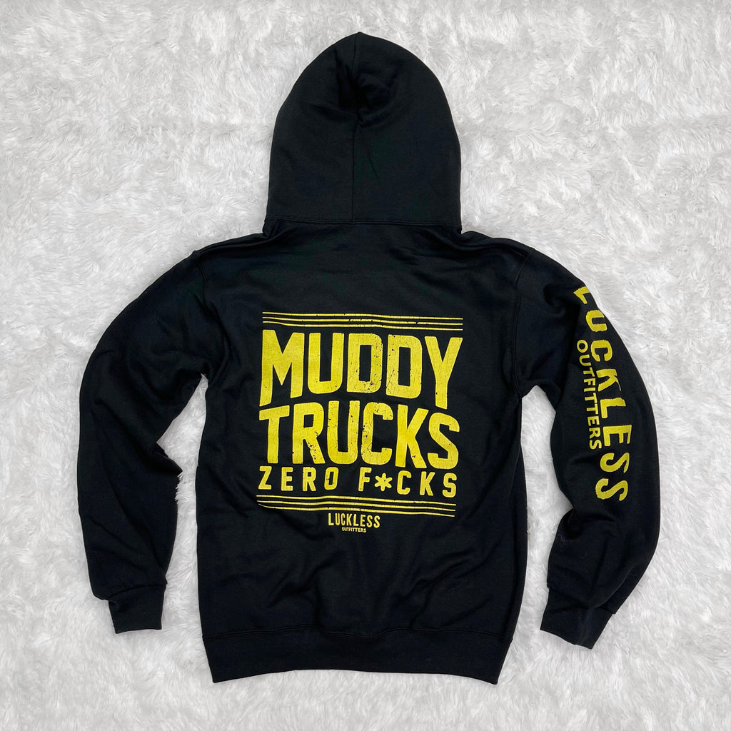 Luckless Outfitters Muddy Trucks Zero Fucks Hoodie — back view