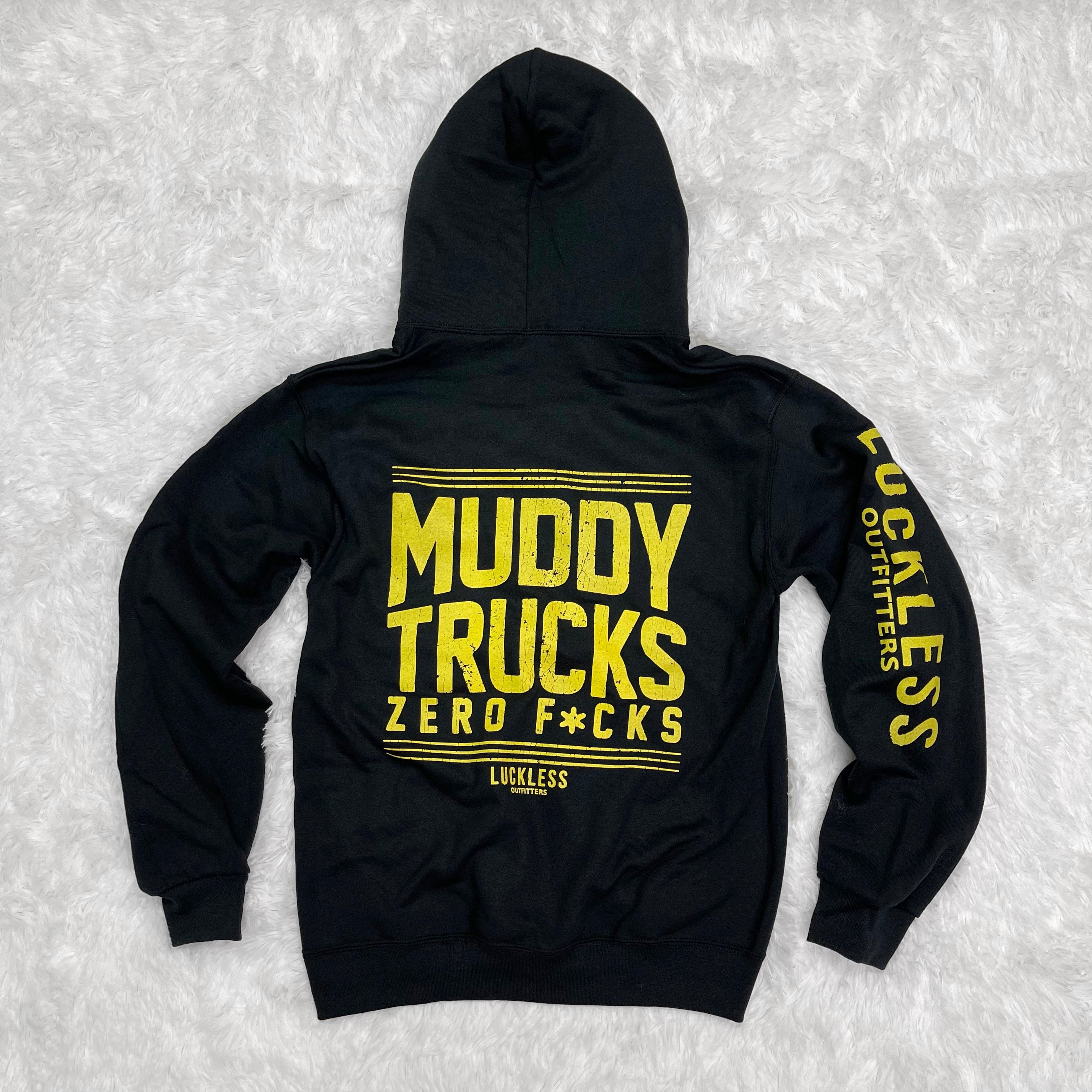 Luckless Outfitters Muddy Trucks Zero Fucks Hoodie — back view