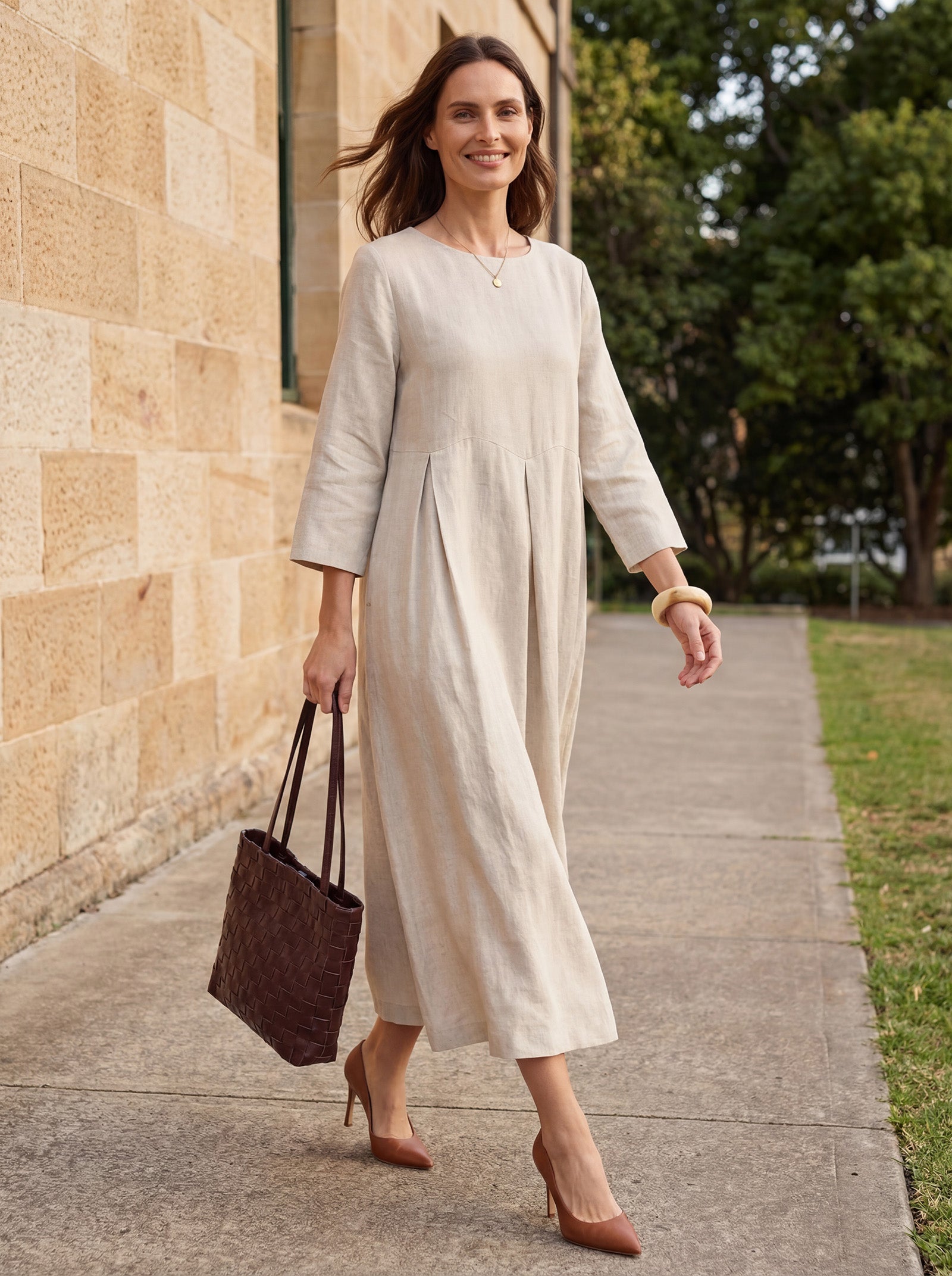 LINTICO 100% Linen Bateau Neck Pleated Maxi Dress ABIGAIL — fabric or material detail
