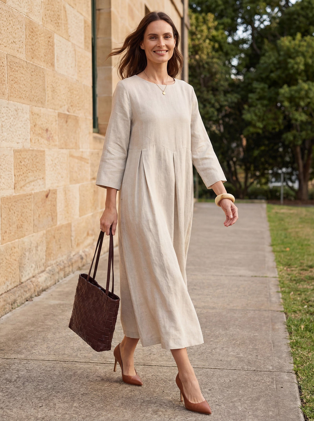 LINTICO 100% Linen Bateau Neck Pleated Maxi Dress — size reference