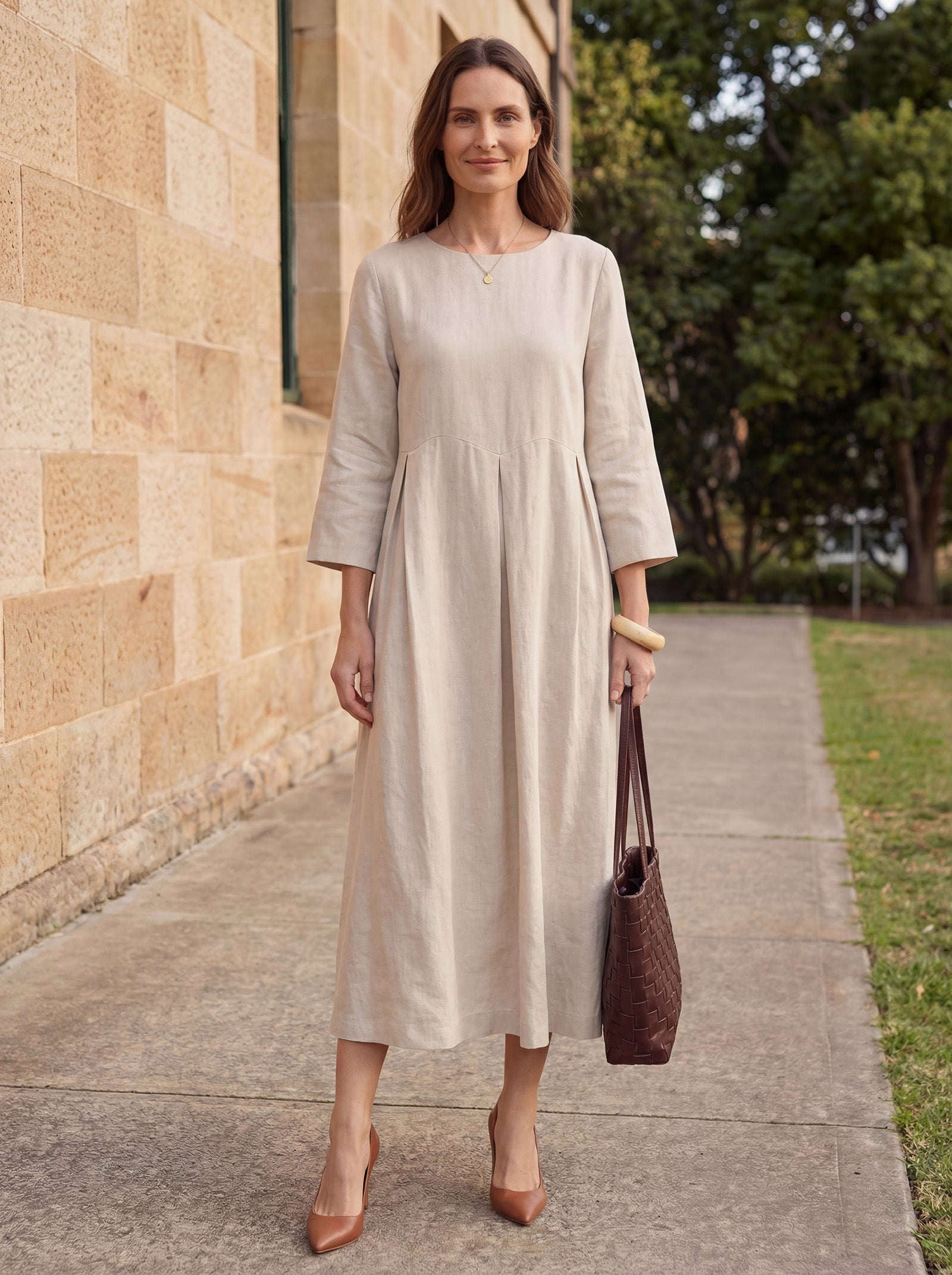 LINTICO 100% Linen Bateau Neck Pleated Maxi Dress ABIGAIL — feature highlight
