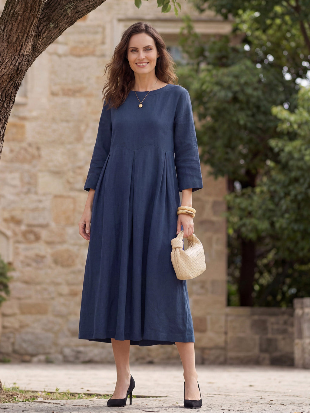 LINTICO 100% Linen Bateau Neck Pleated Maxi Dress ABIGAIL — size reference