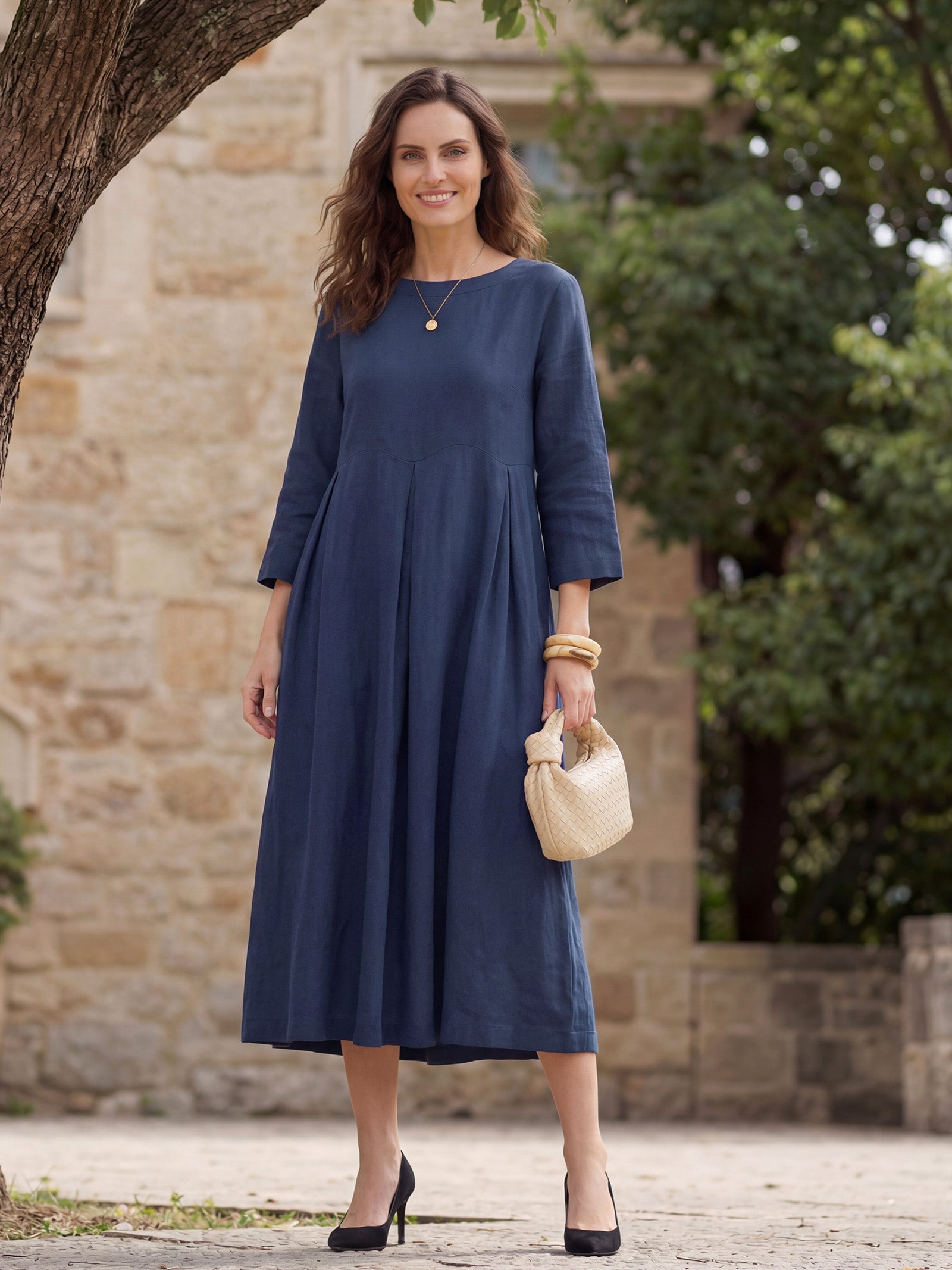 LINTICO 100% Linen Bateau Neck Pleated Maxi Dress ABIGAIL — size reference