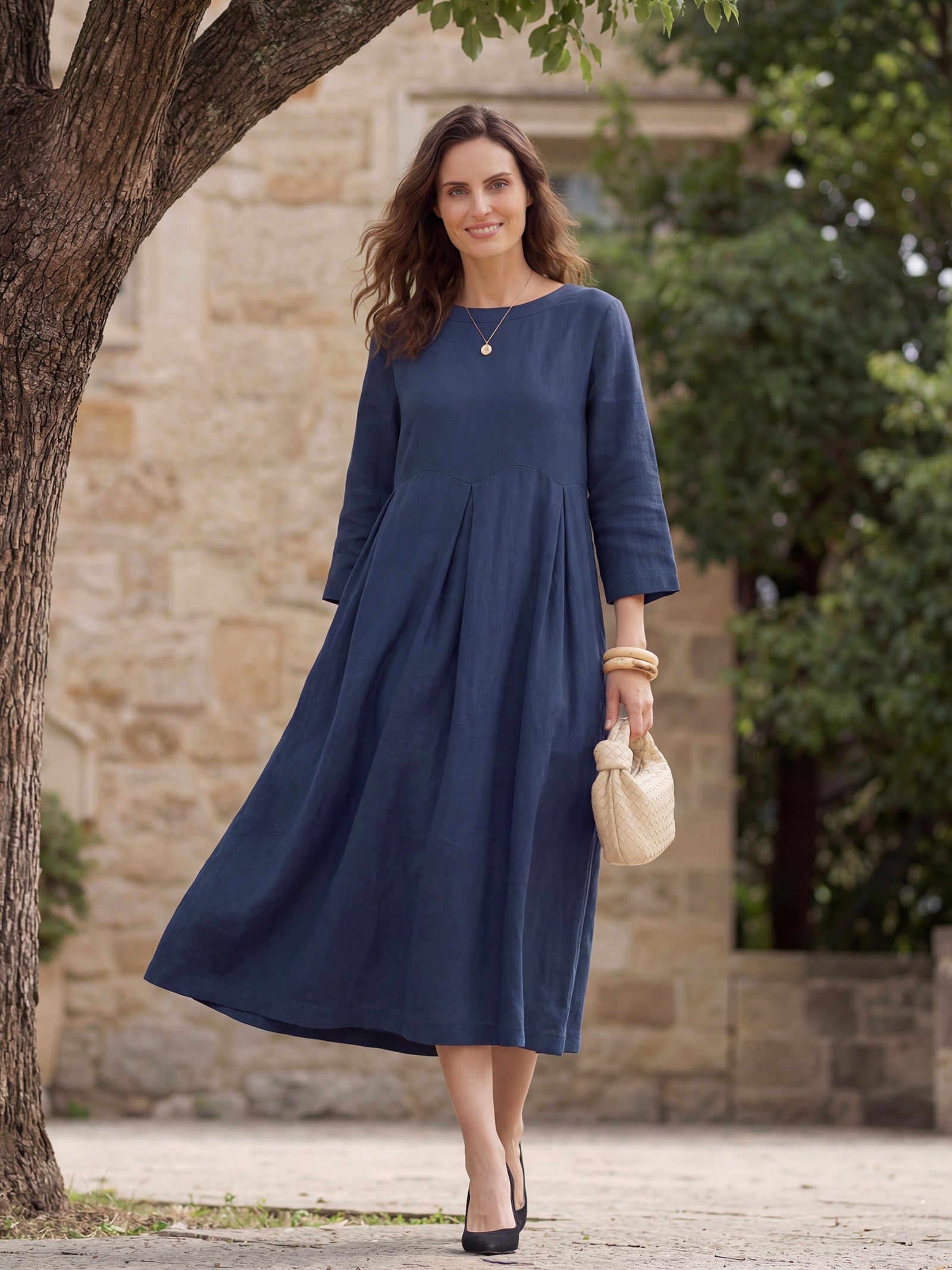 LINTICO 100% Linen Bateau Neck Pleated Maxi Dress ABIGAIL — color detail