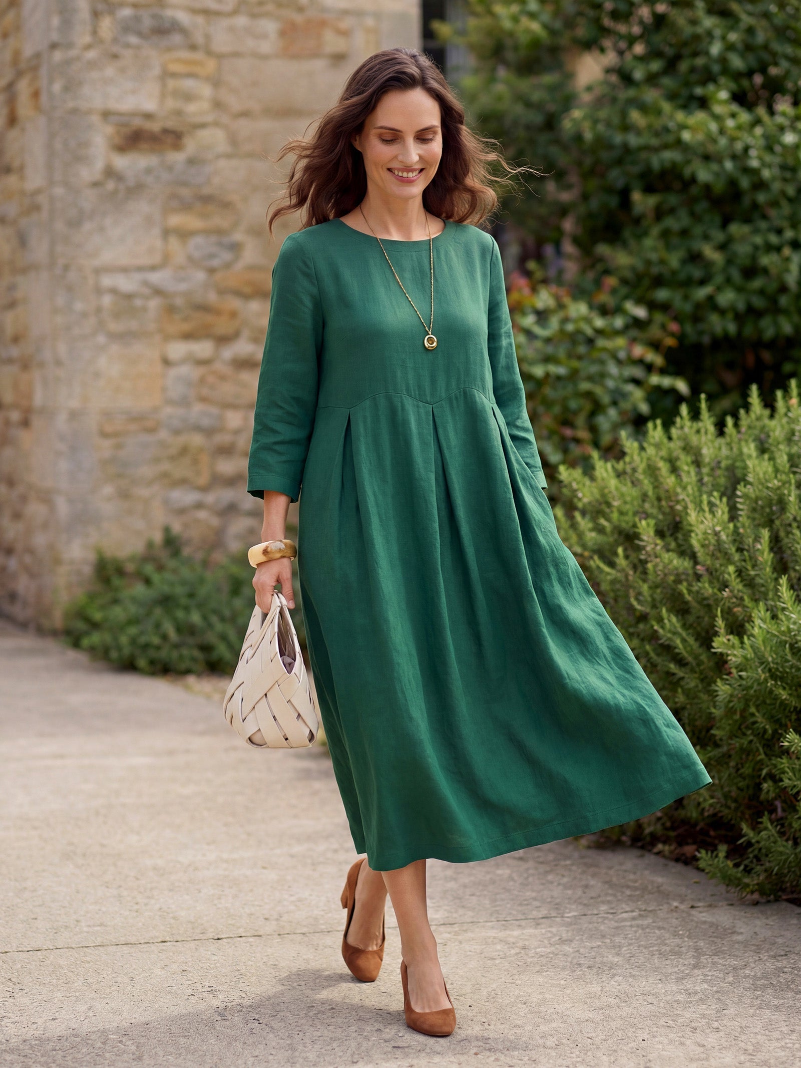 LINTICO 100% Linen Bateau Neck Pleated Maxi Dress ABIGAIL — product on model