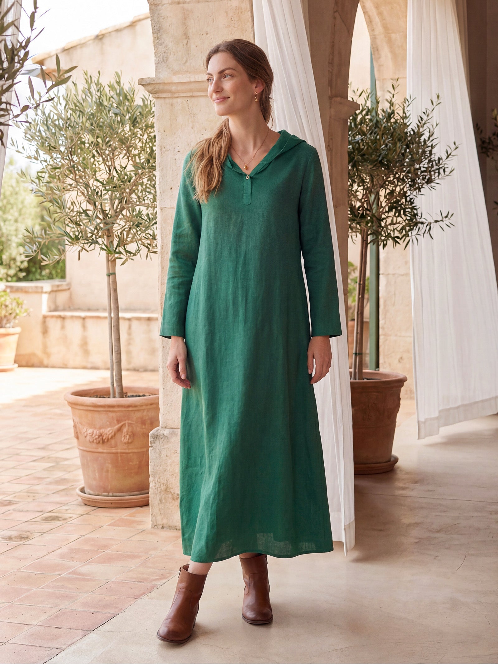 LINTICO 100% Linen Hooded Pullover Maxi Dress REBECCA — side view