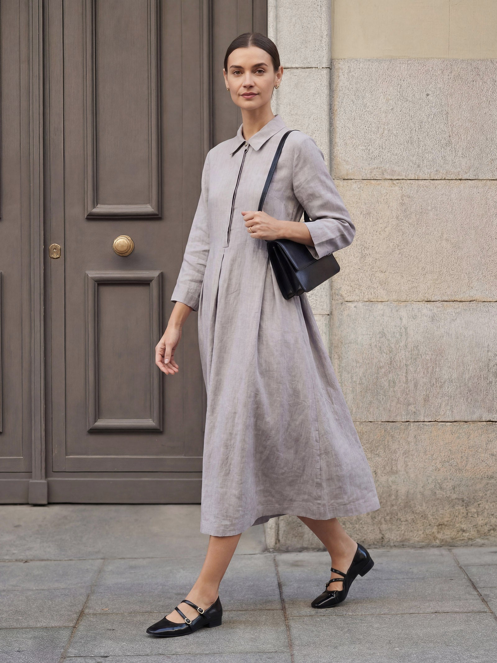 LINTICO 100% Linen Inverted Pleat Curved Seam Maxi Dress VALERIE — construction detail