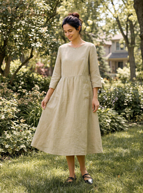 LINTICO 100% Linen Shirred Waistline Patch Pocket Maxi Dress MARCELLA — construction detail