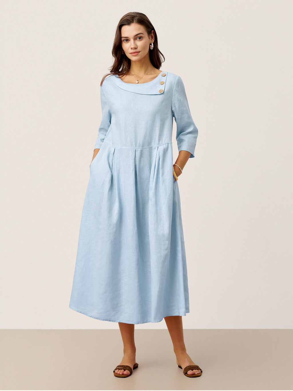 LINTICO 100% Linen Crescent Neck Decorative Button Waist Pleated Maxi Dress GWENYTH — detail shot 9