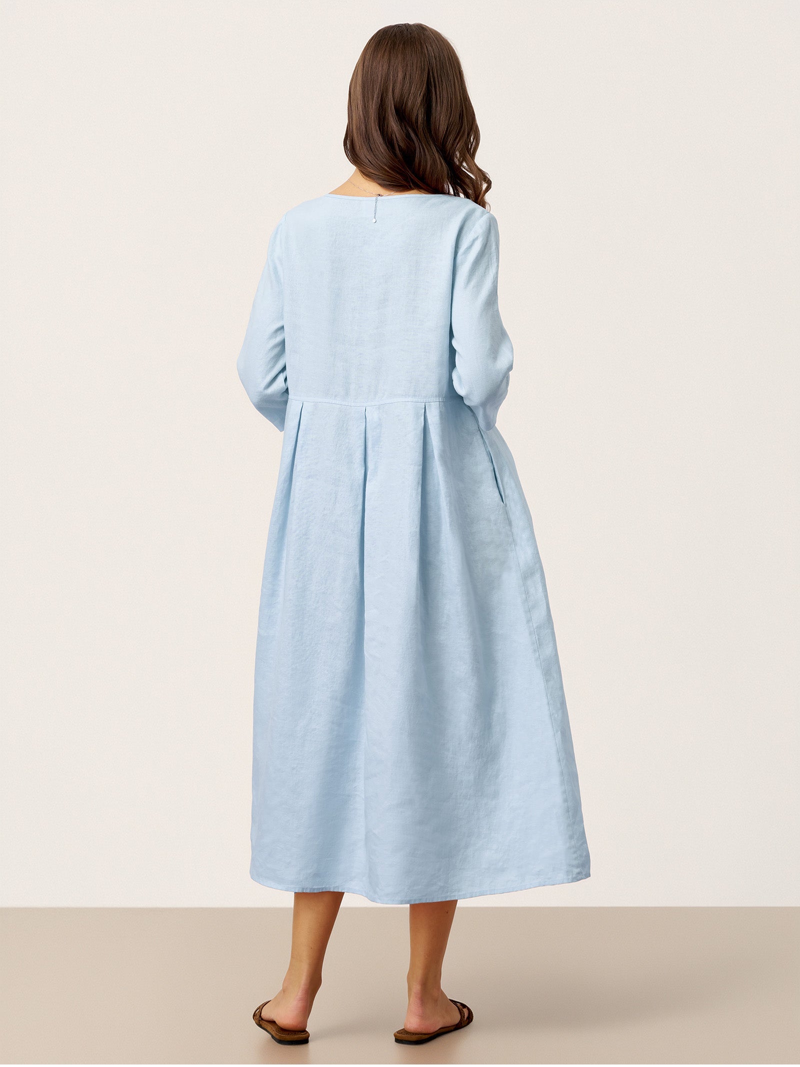LINTICO 100% Linen Crescent Neck Decorative Button Waist Pleated Maxi Dress GWENYTH — detail shot 10
