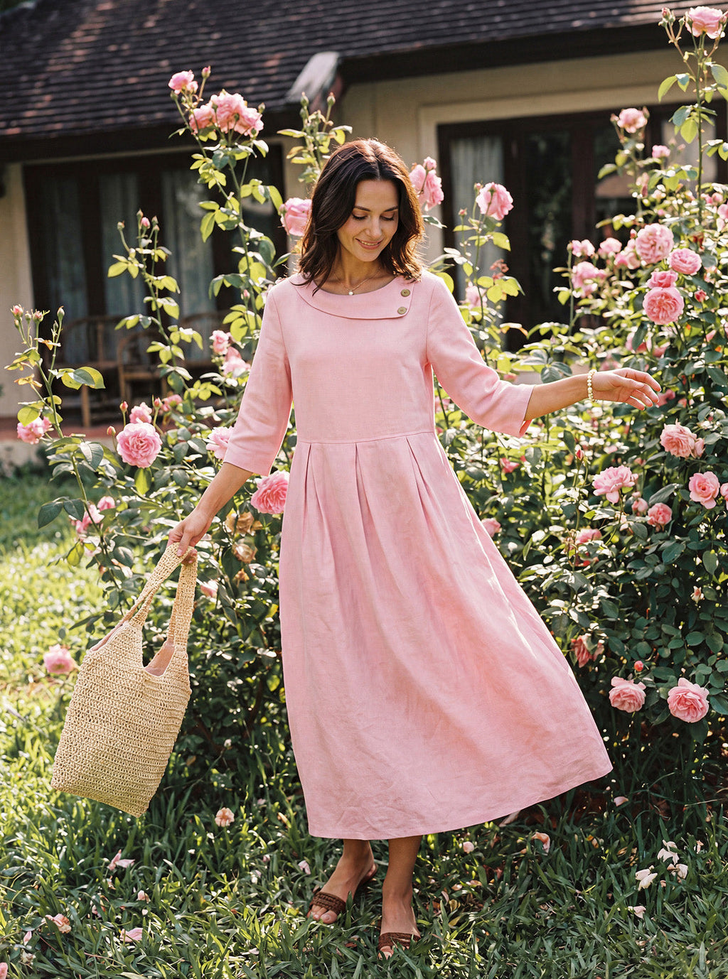 LINTICO 100% Linen Crescent Neck Decorative Button Waist Pleated Maxi Dress GWENYTH — construction detail