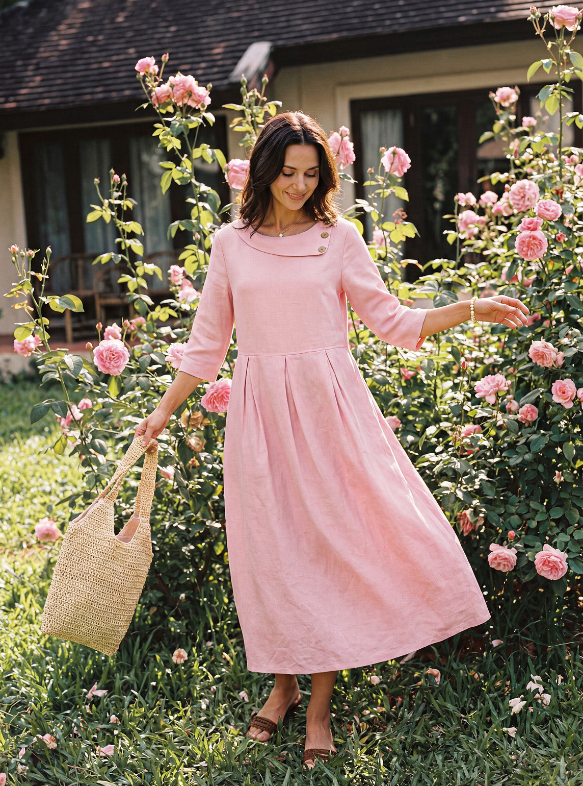 LINTICO 100% Linen Crescent Neck Decorative Button Waist Pleated Maxi Dress GWENYTH — construction detail