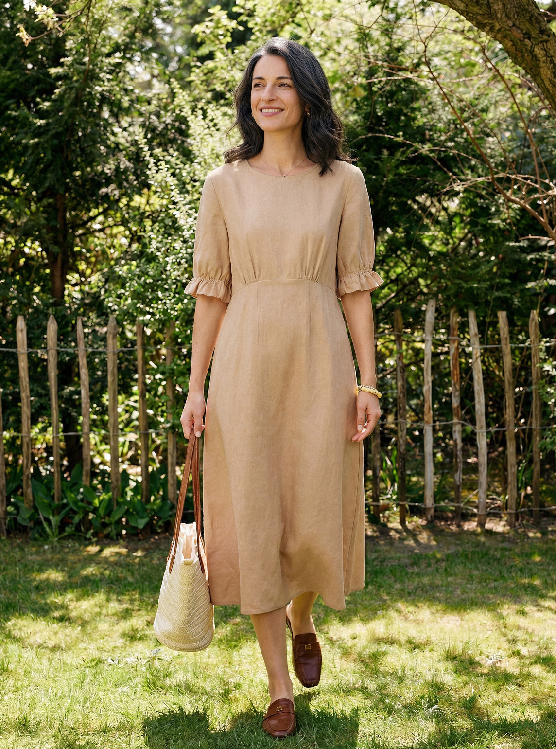 LINTICO 100% Linen Round Neck High Waist Ruffle Sleeve Maxi Dress ZEPHYRA — construction detail