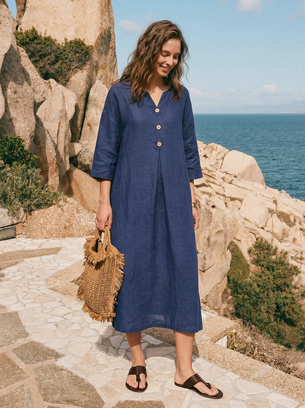 LINTICO 100% Linen Notch Neck Inverted Pleat Maxi Dress MATILDE — construction detail