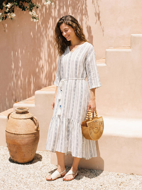 LINTICO Linen Tribal Stripe Split Neck Bohemian Ruffle Maxi Dress with Woven Belt and Slip MARLOWE — construction detail