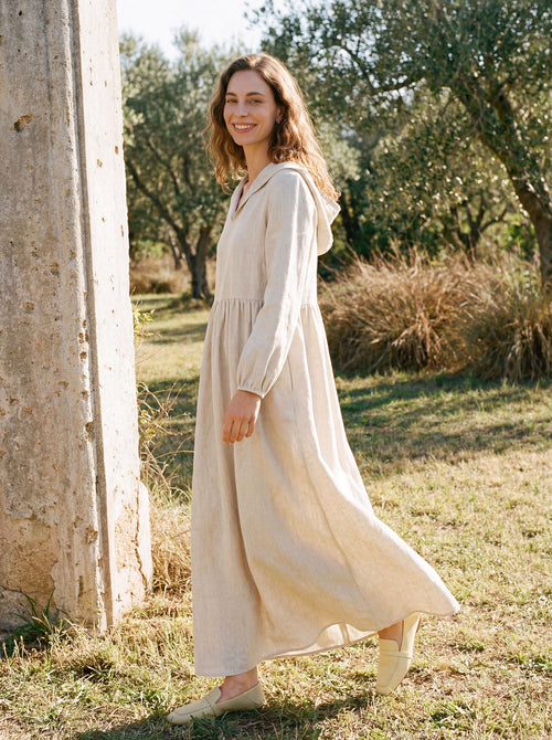 LINTICO 100% Linen Sculpted-Hood Caftan Maxi Dress LINETTE — construction detail