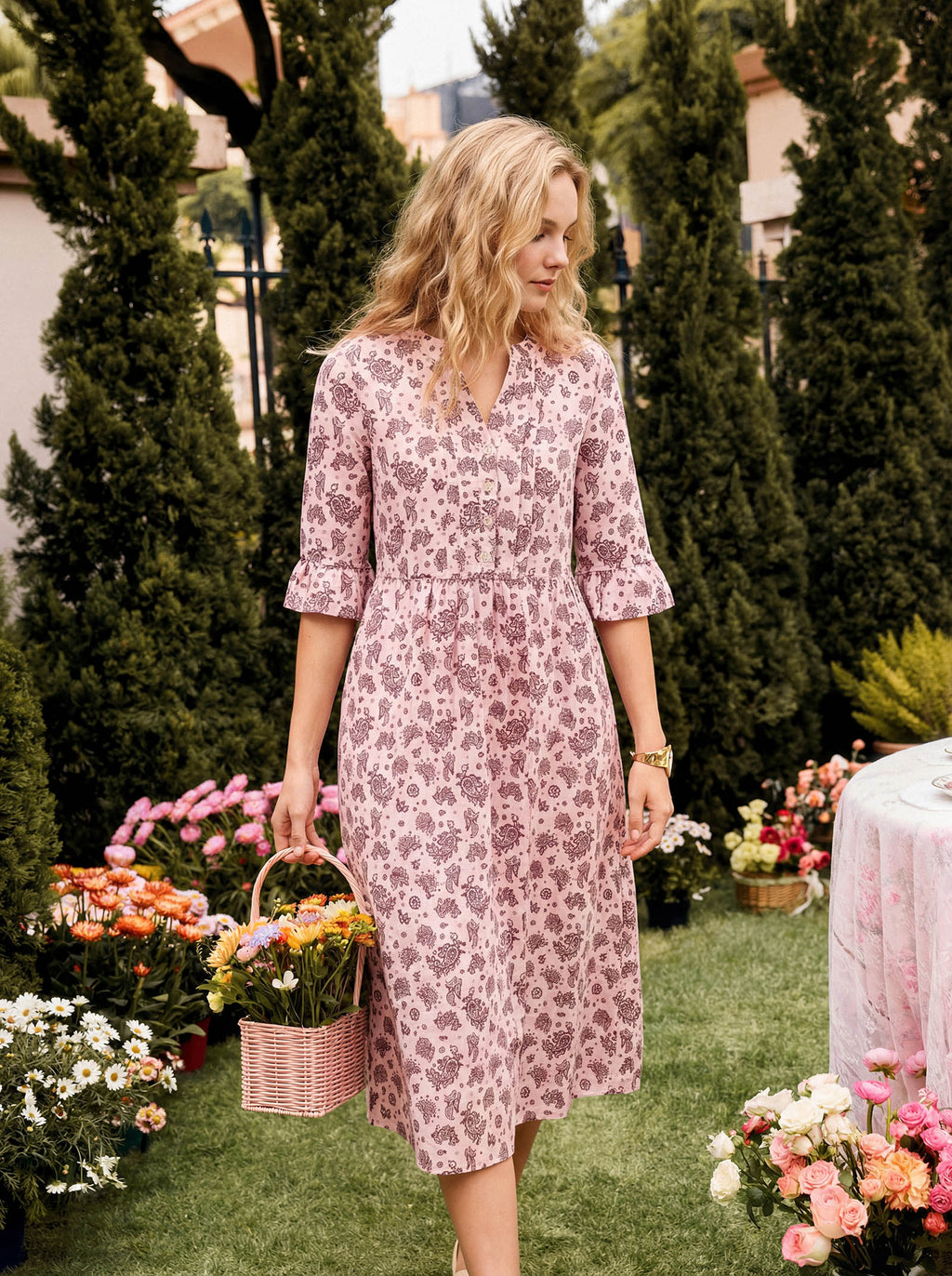 LINTICO Linen Paisley Pintucked Ruffle-Cuff Maxi Dress MAELYN — construction detail