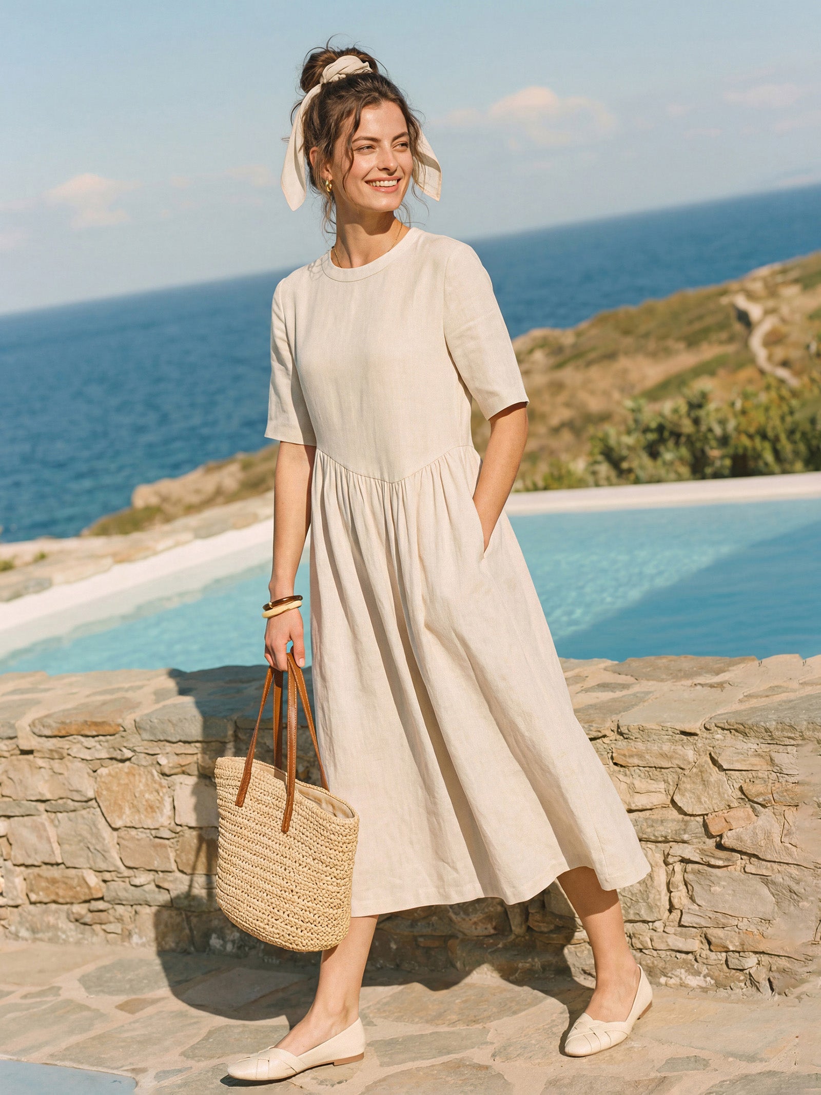 LINTICO 100% Linen Arch-Seam Fluid Maxi Dress EUDORA — construction detail