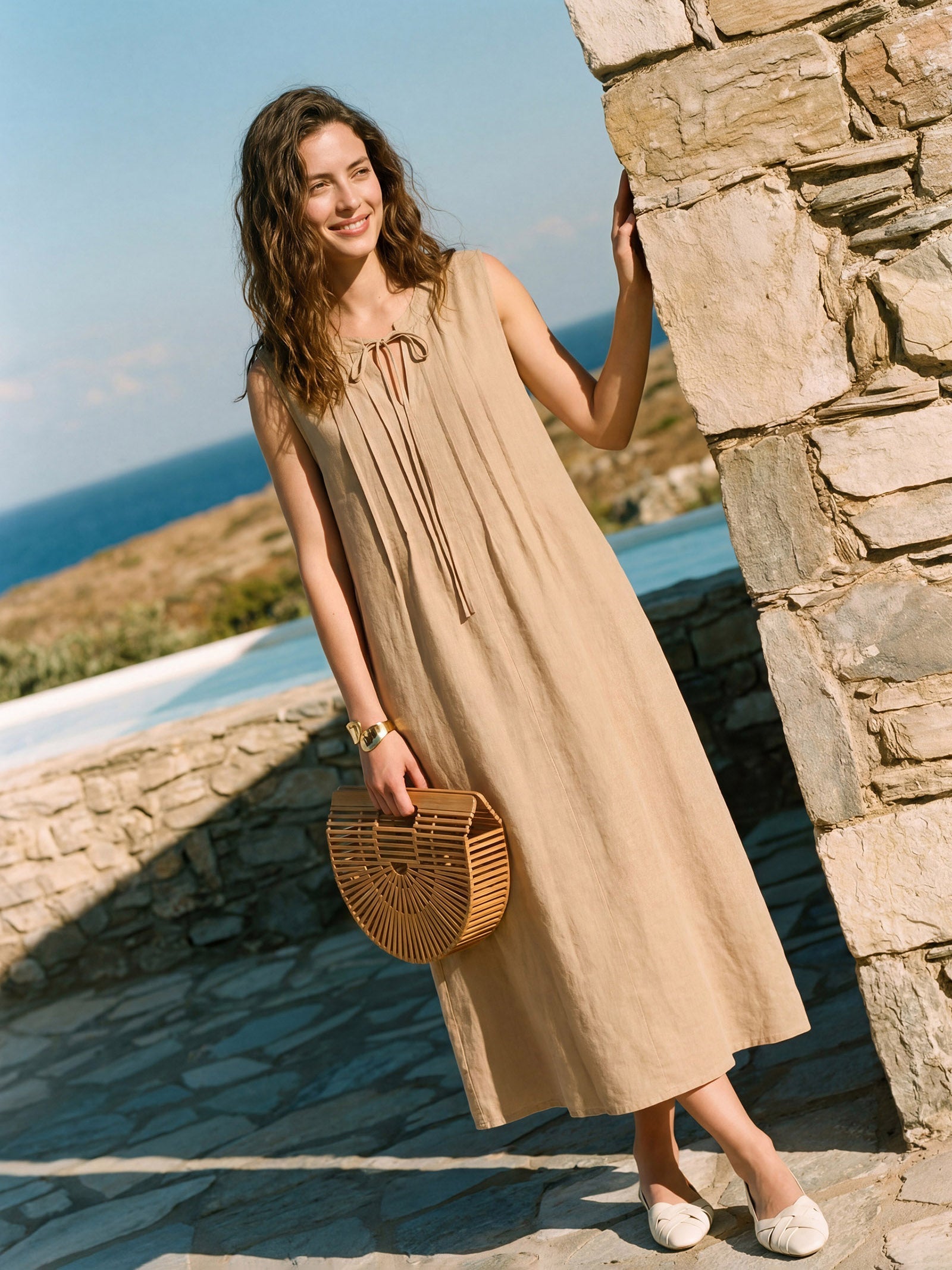 LINTICO 100% Linen Sleeveless Tie-Neck Pintucked Maxi Dress MILLICENT — construction detail