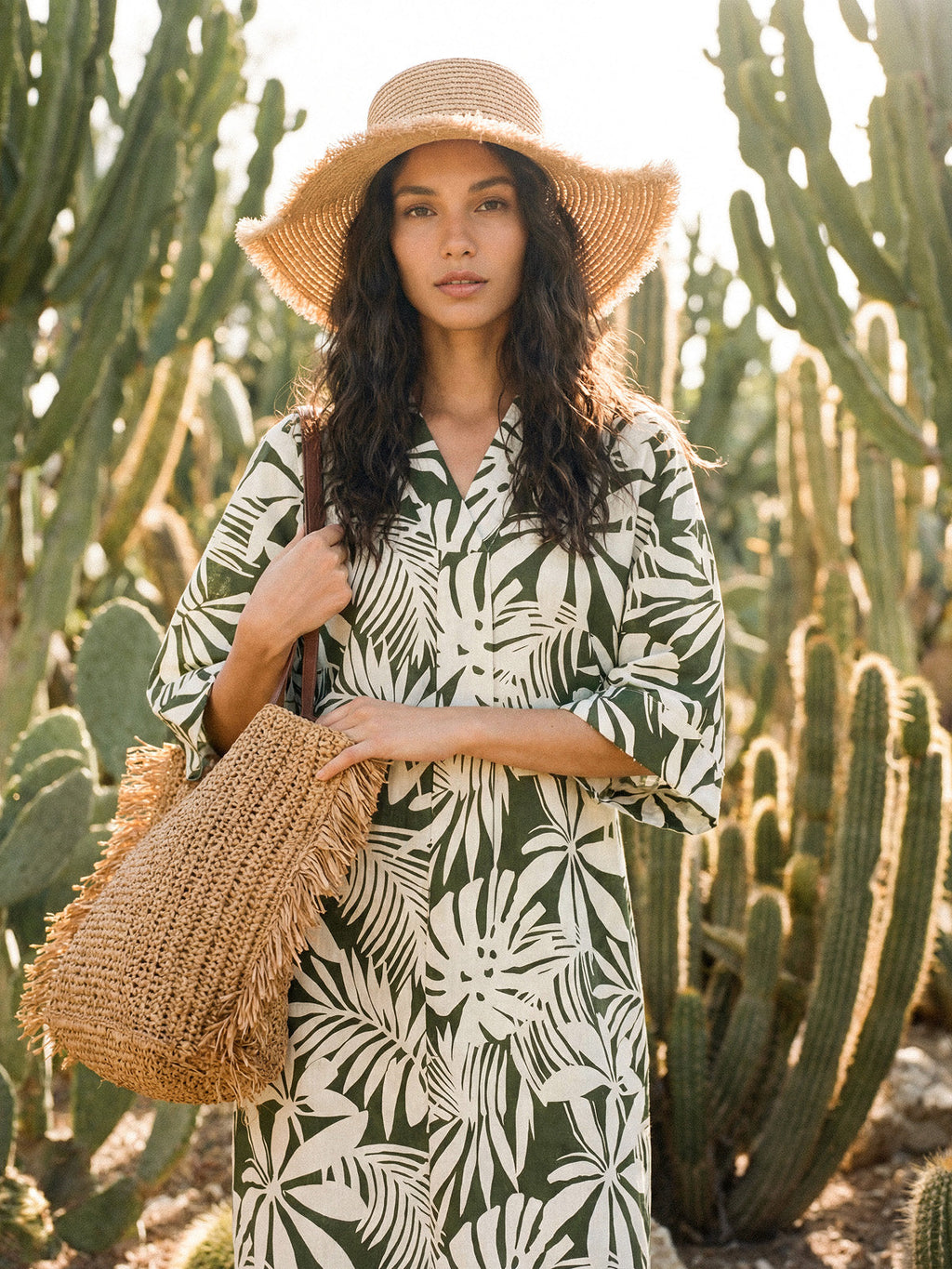 LINTICO Linen Palm Print Camp Collar Relaxed Maxi Shirt Dress MINERVA — lifestyle context