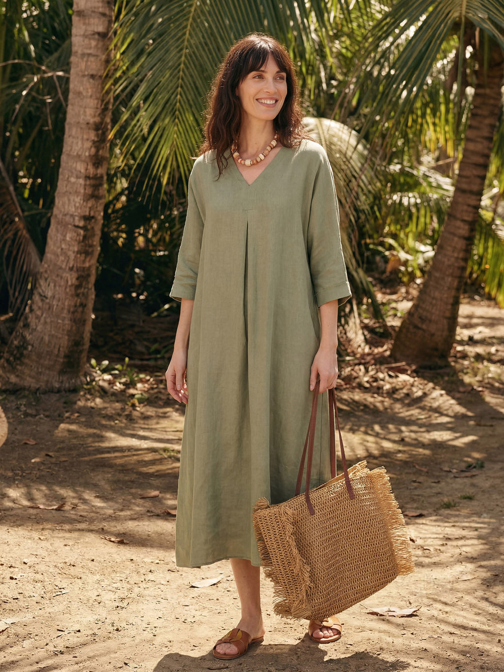 LINTICO 100% Linen Center Pleat V-Neck Cuffed Sleeve Maxi Dress ZENOBIA — main product shot