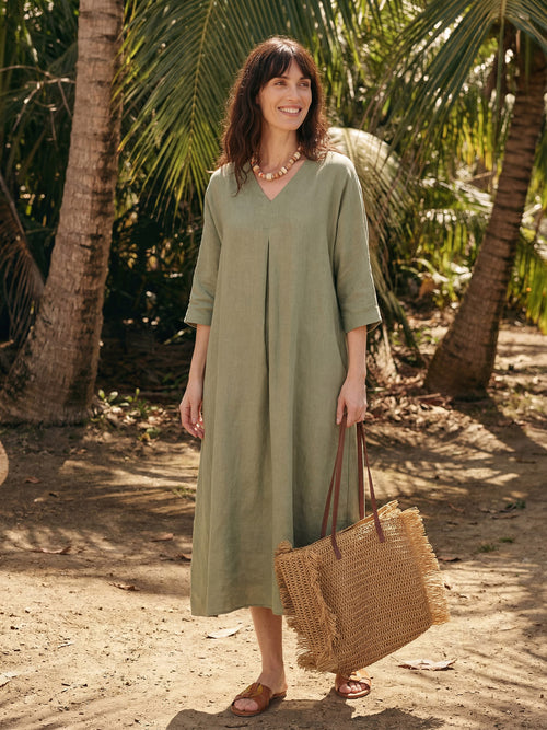 LINTICO 100% Linen Center Pleat V-Neck Cuffed Sleeve Maxi Dress ZENOBIA — main product shot