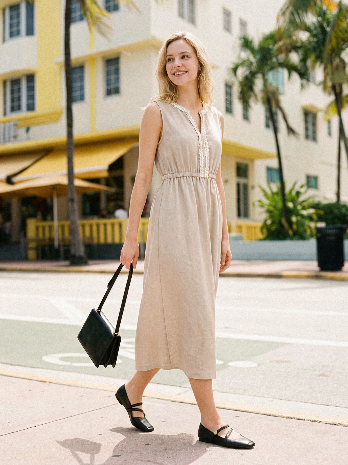 LINTICO 100% Linen Ruffle Trim Elasticated Waist Sleeveless Midi Dress LUCINDA — construction detail