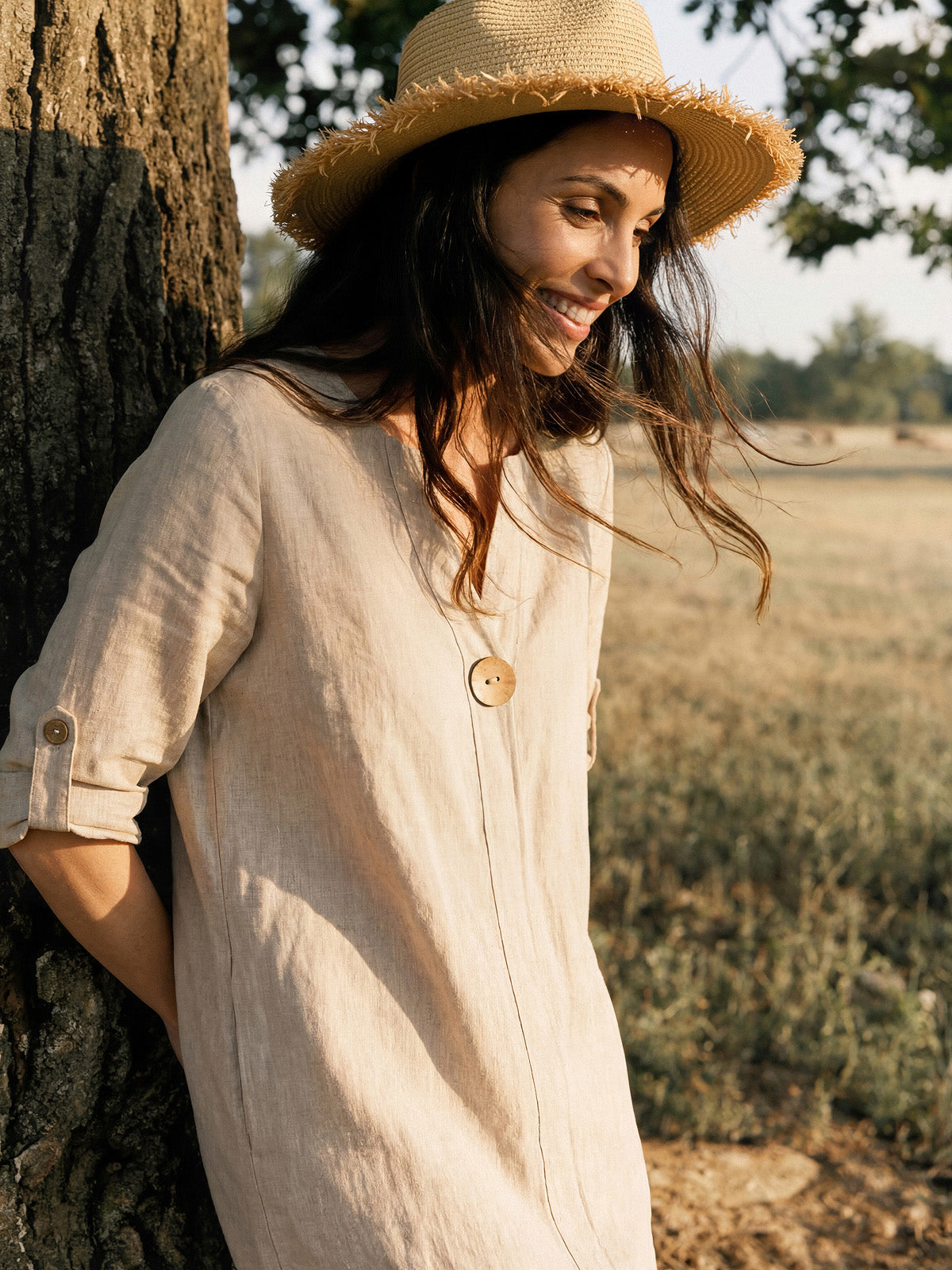 100% Linen Stand Collar V-Slit Tab Sleeve Maxi Dress LEORA