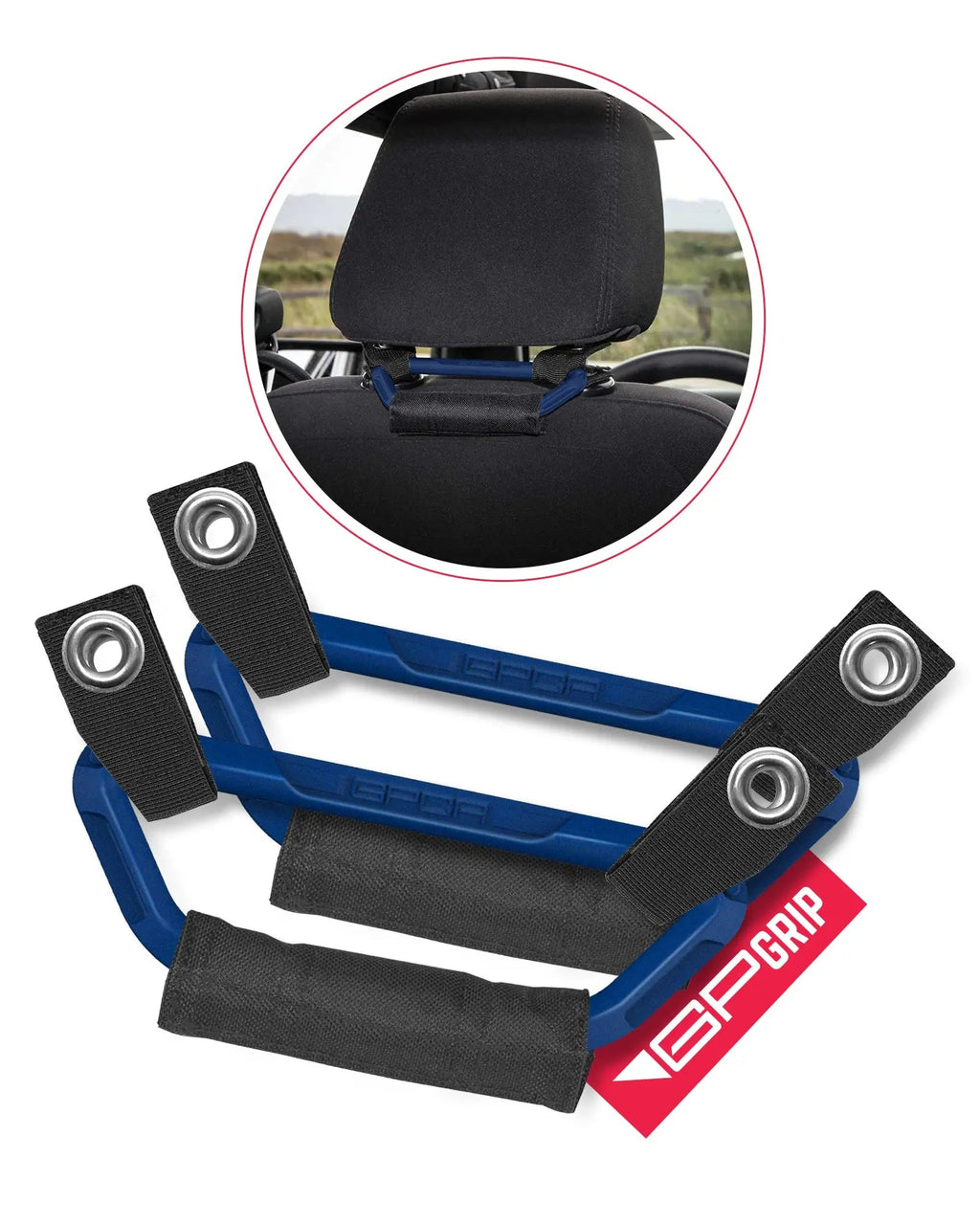 GPCA GP Back Grip PRO — Rear Headrest Handles for All Cars & Trucks — flat-lay composition