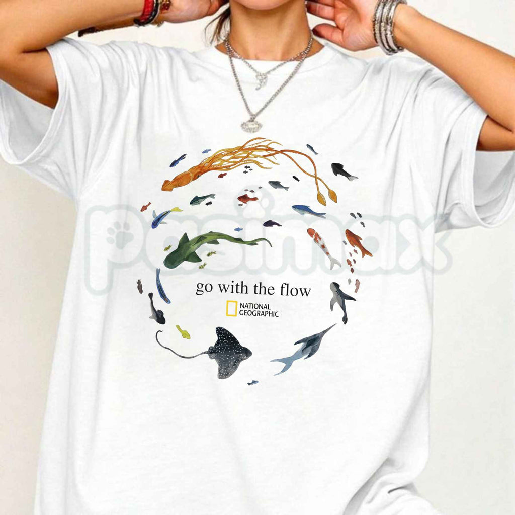 Marine Animals Go With The Flow T-Shirt – Ocean Sea Life Graphic Tee, Cute Sea Turtle & Whale Gift Shirt for Men & Women