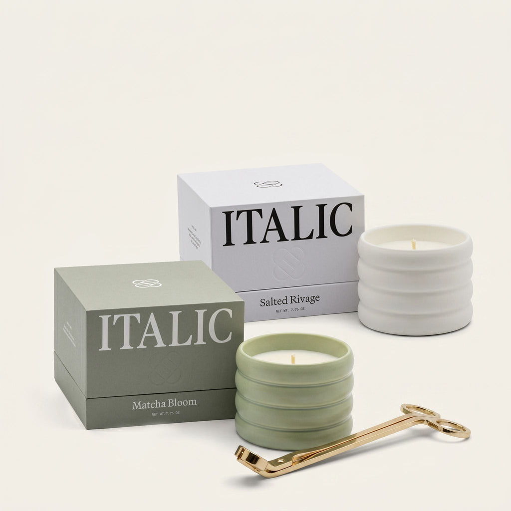 Italic Ceramic Candle & Wick Trimmer Set — lifestyle context
