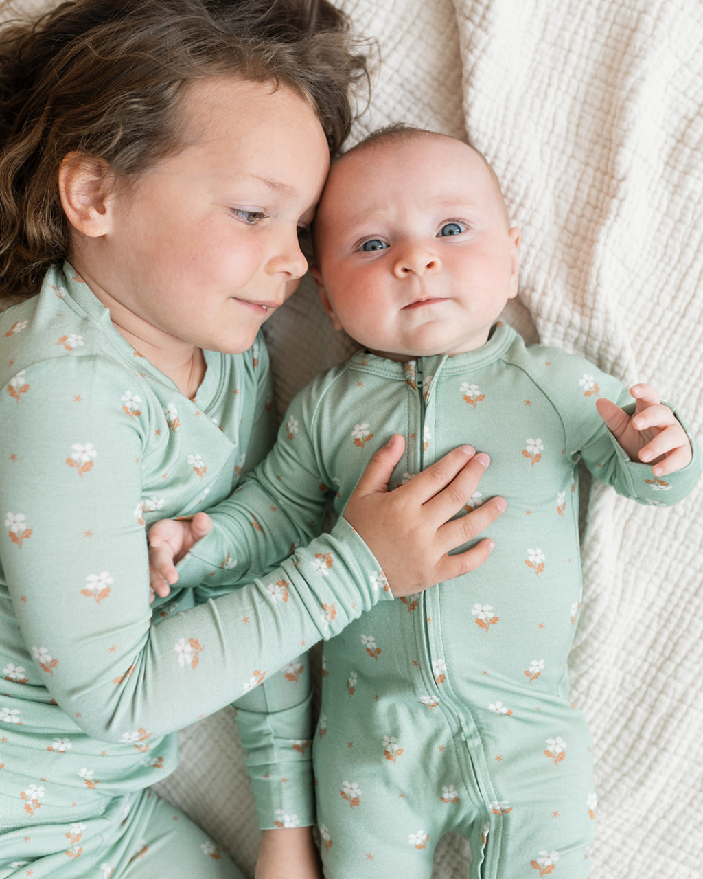 Dear Hayden Modal Convertible Footy Pajamas in Seafoam Floral — detail close-up