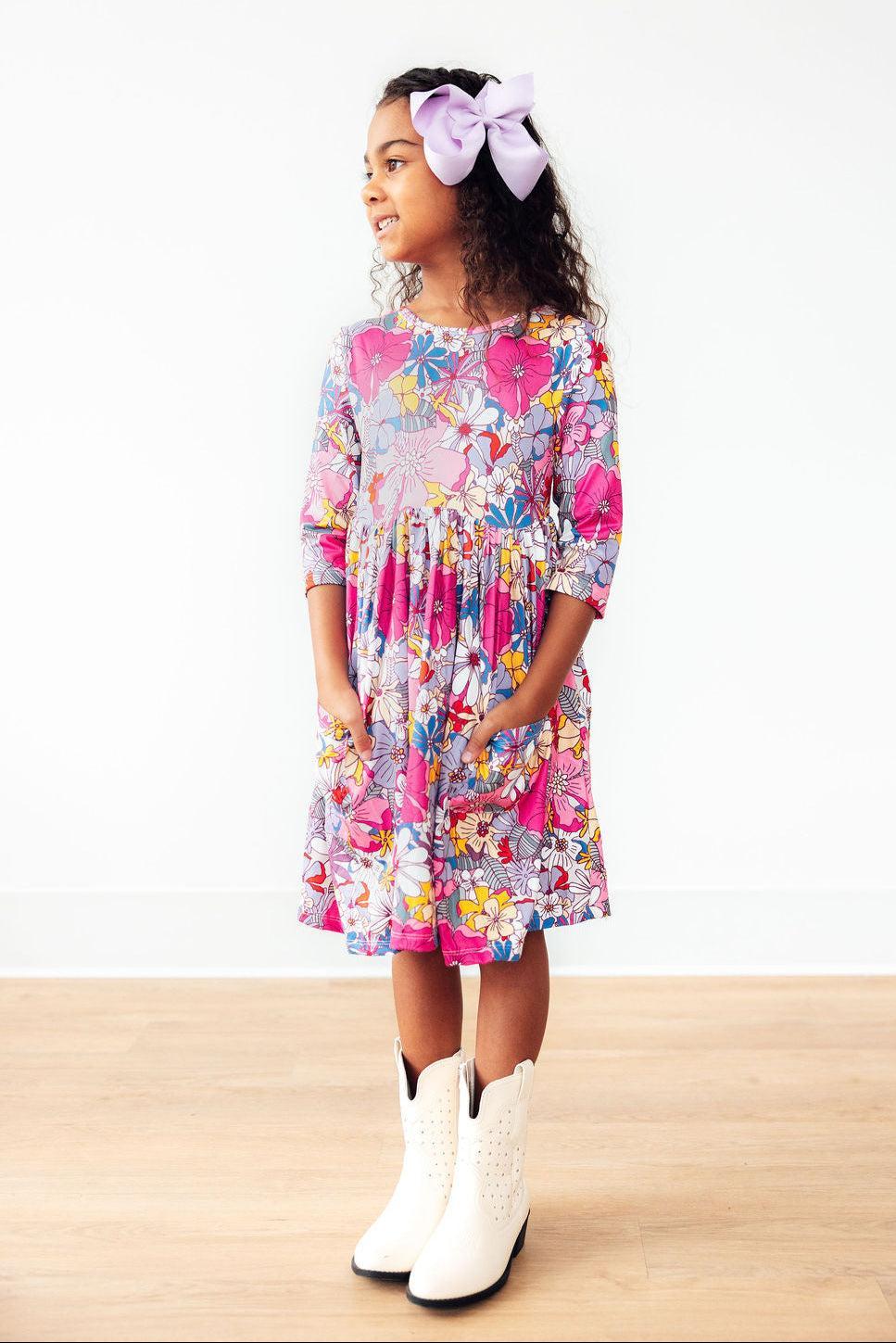 Mila & Rose ® Mauve What's Up Buttercup 3/4 Sleeve Pocket Twirl Dress — back view