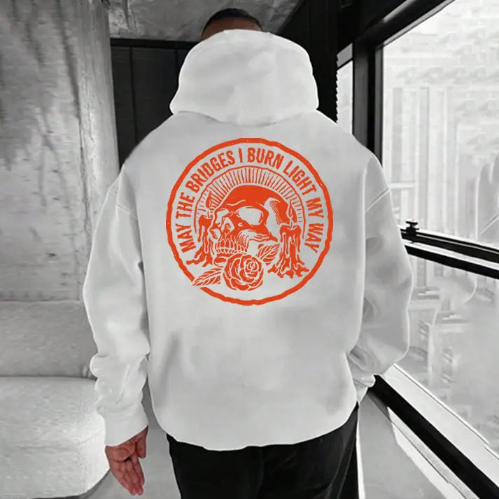 Pasimax "May the Bridges I Burn Light My Way" Skull Print Hoodie – Men's Bold Statement Pullover, Edgy Streetwear — main prod
