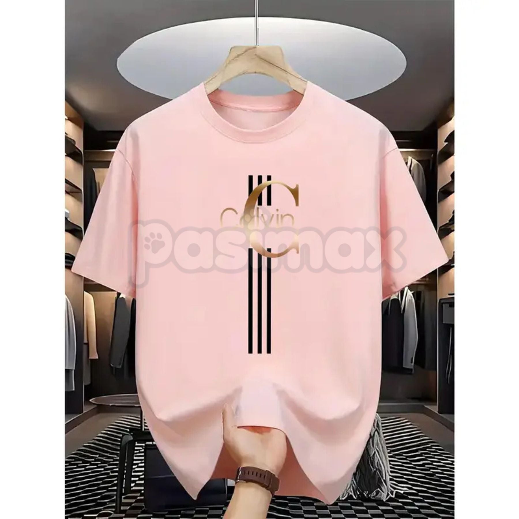 Pasimax Men's Casual Calvin Print T-Shirt - Black & Gold Stripes Streetwear Tee, Comfortable Summer Crew Neck Top, Modern Urb