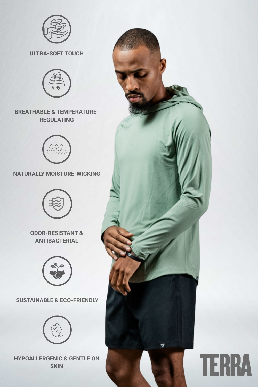 Varlo Men's Terra Recovery Element Hoodie Shirt (Low Light Olive) — detail close-up