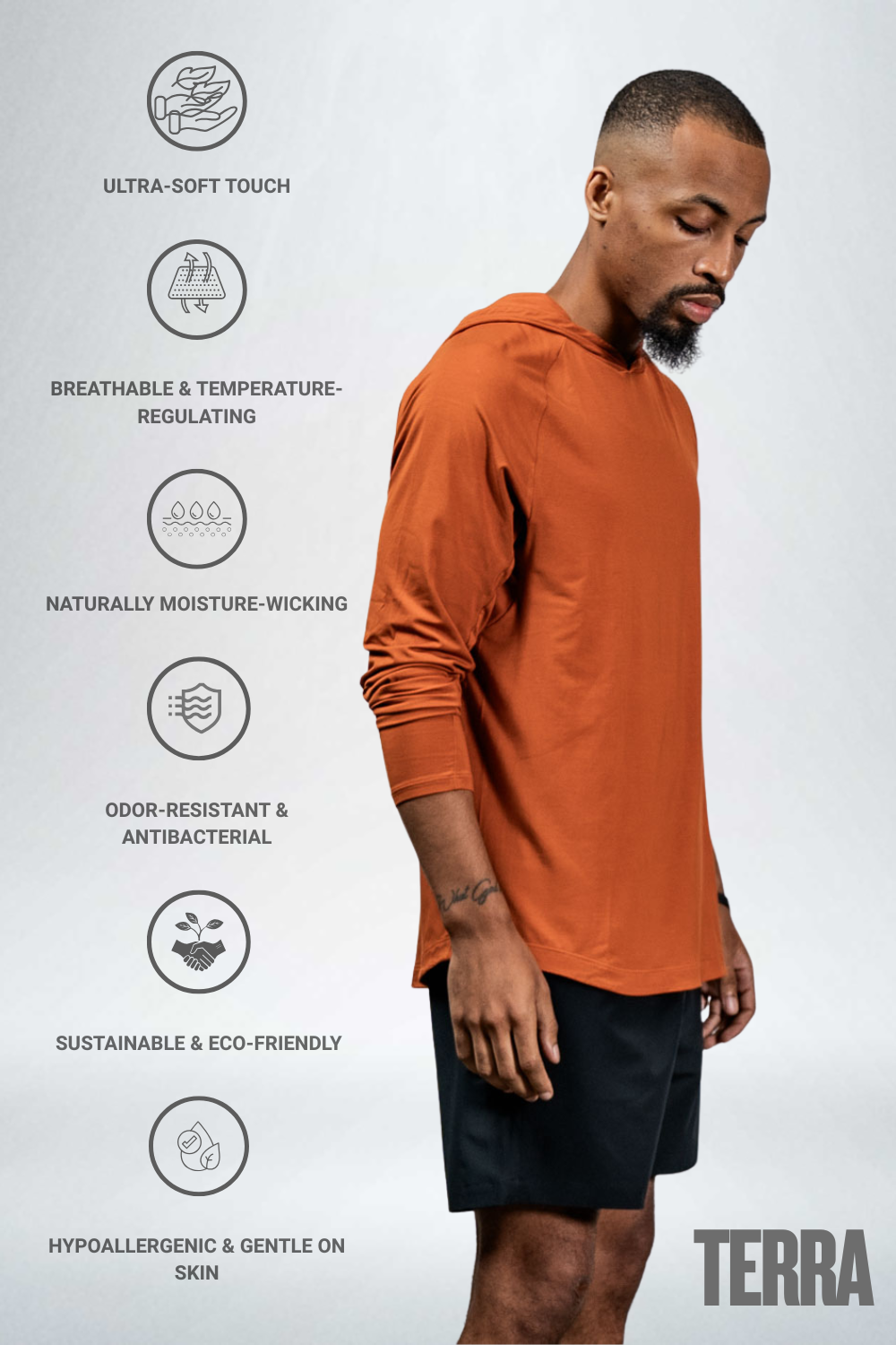 Varlo Men's Terra Recovery Element Hoodie Shirt (Sunfire Clay) — construction detail