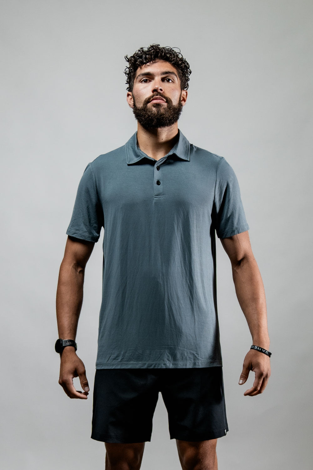 Varlo Men's Terra Recovery Polo (Ash Gray) — lifestyle worn / used context