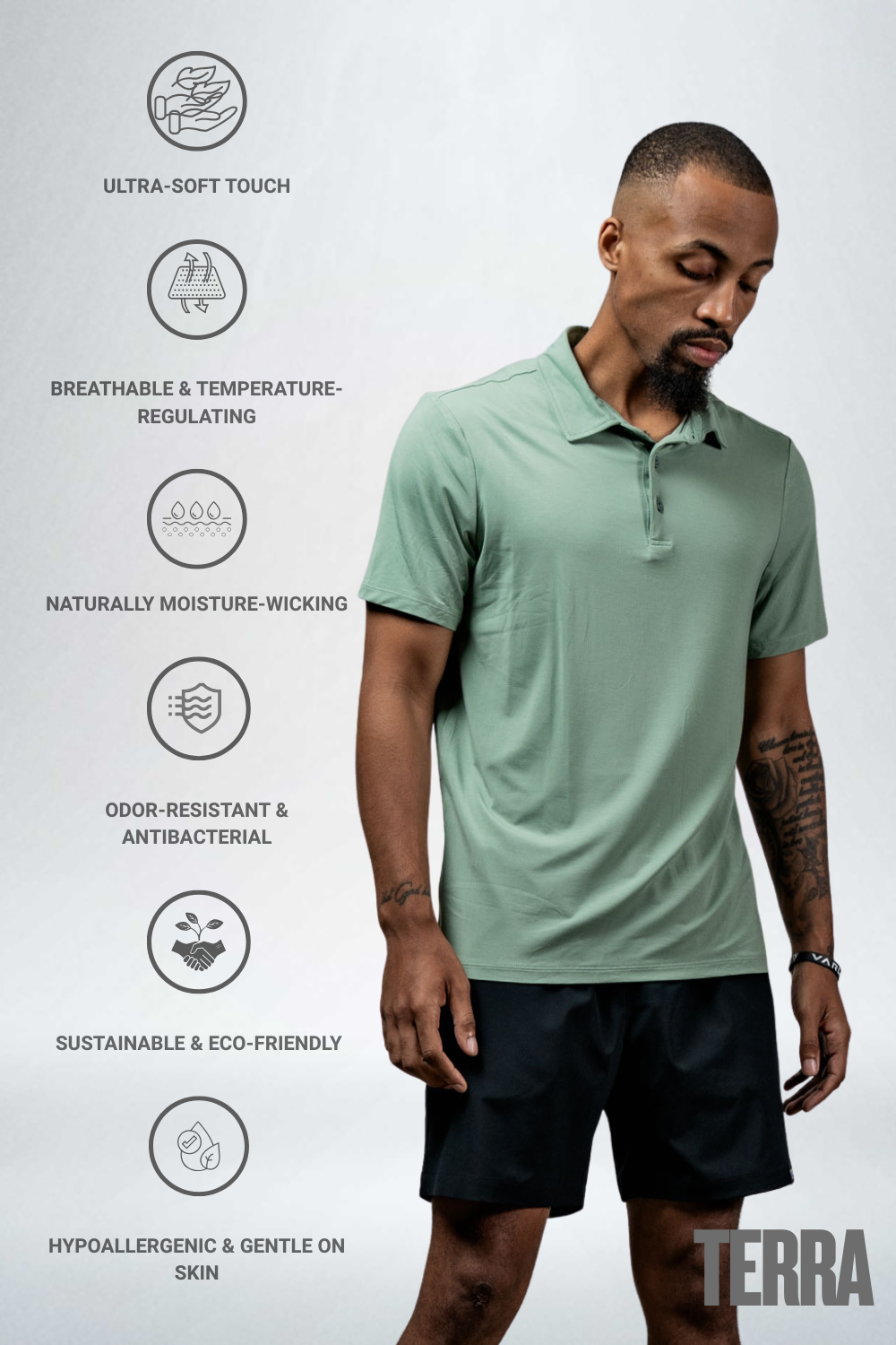 Varlo Men's Terra Recovery Polo (Low Light Olive) — detail close-up