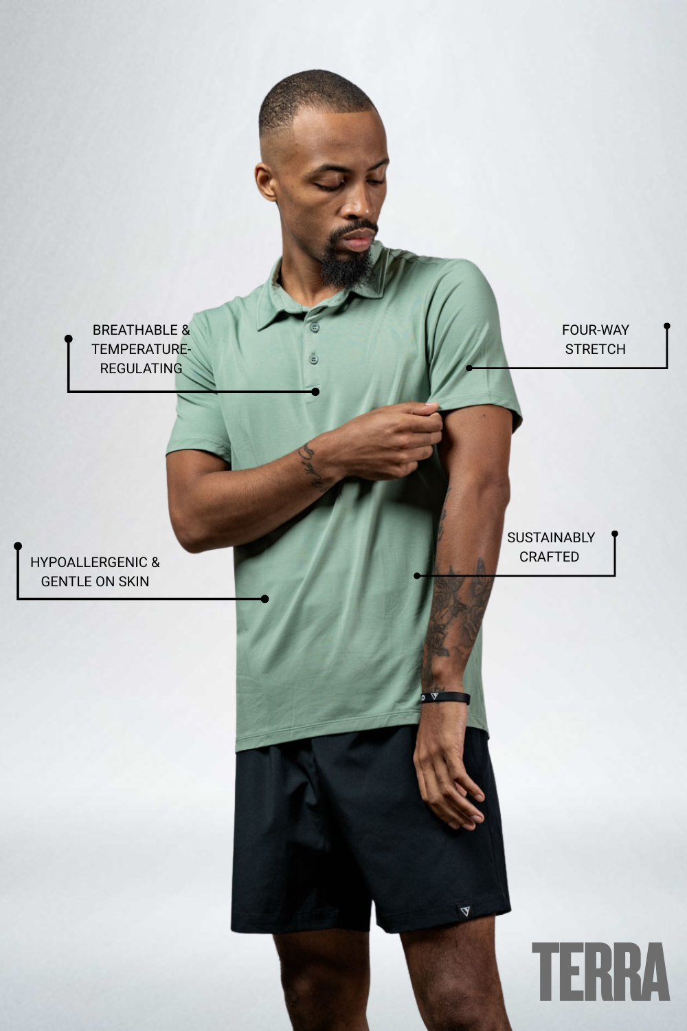 Varlo Men's Terra Recovery Polo (Low Light Olive) — lifestyle context