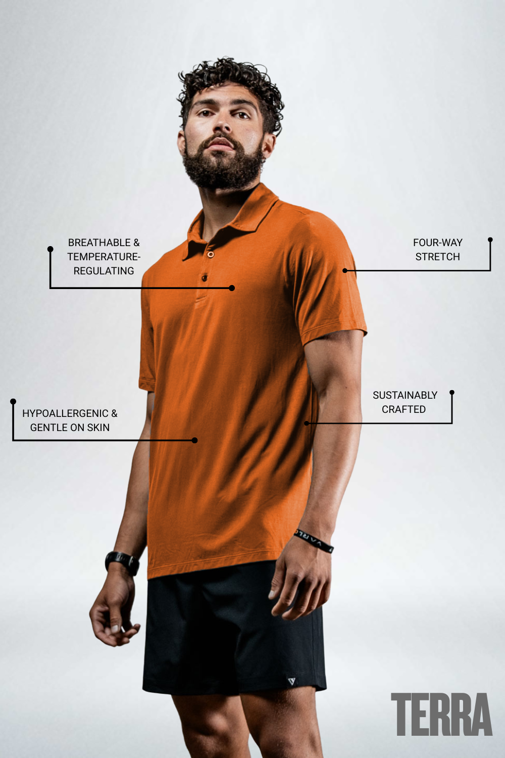 Varlo Men's Terra Recovery Polo (Sunfire Clay) — construction detail